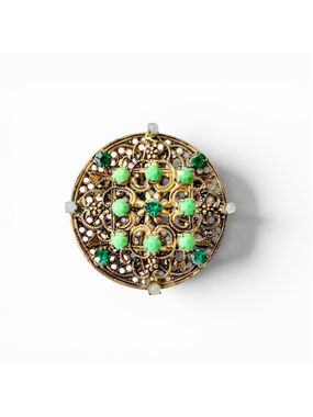 1930s Czech Filigree Brooch Green Glass Rhinestone Pin Gold Tone Openwork Disc